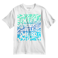 White t-shirt with colorful text 'Keep yourself weird'