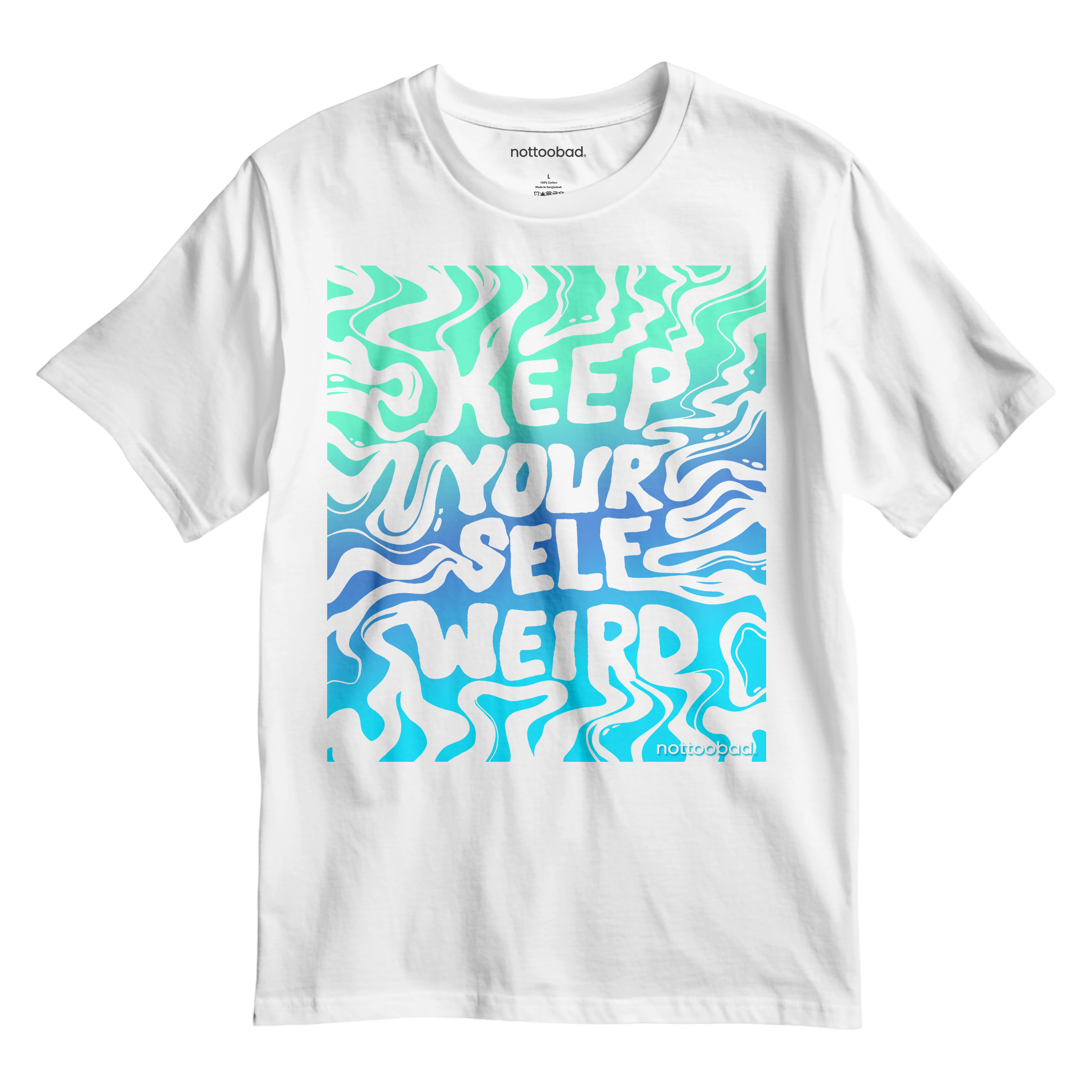 White t-shirt with colorful text 'Keep yourself weird'