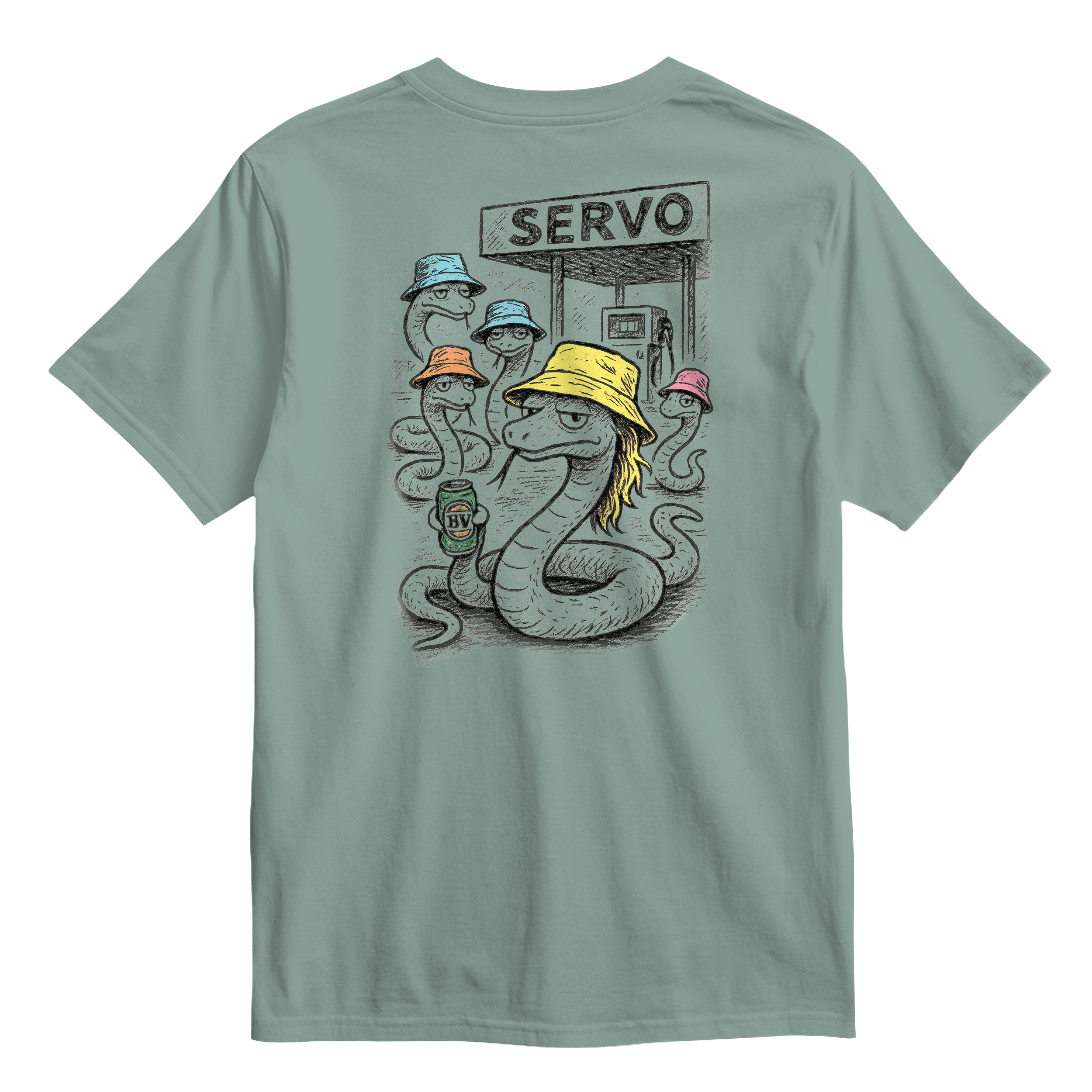Sage colour t-shirt Servo Aussie Mates