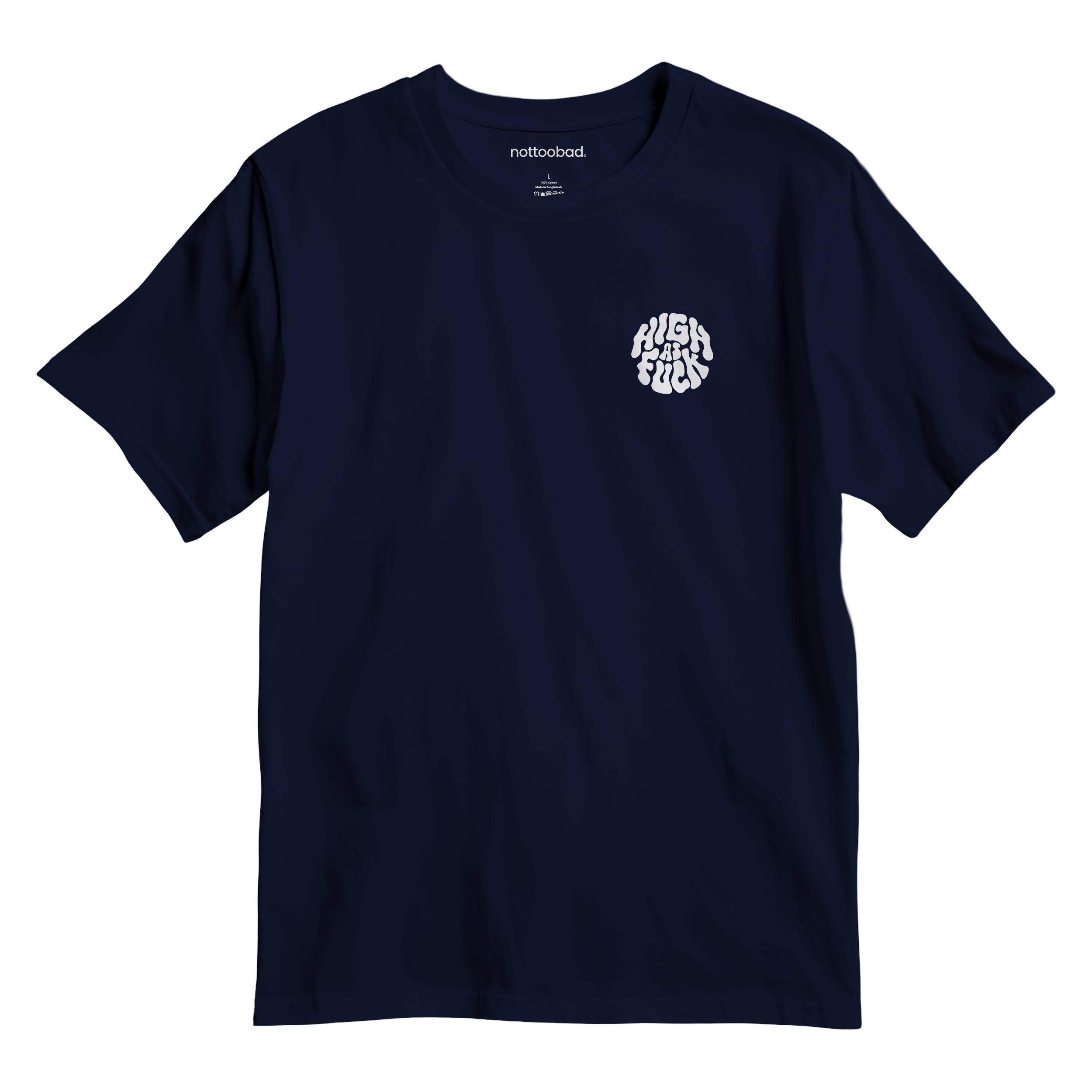 Navy t-shirt with a white graphic text 'High as fuck'