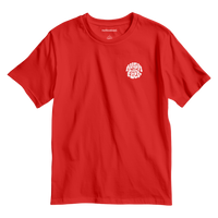 Red t-shirt with a white graphic text 'High as fuck'