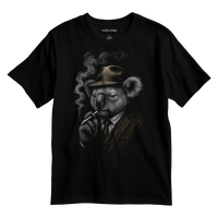 Black t-shirt with a koala bear graphic wearing a hat and smoking a cigarette gangster