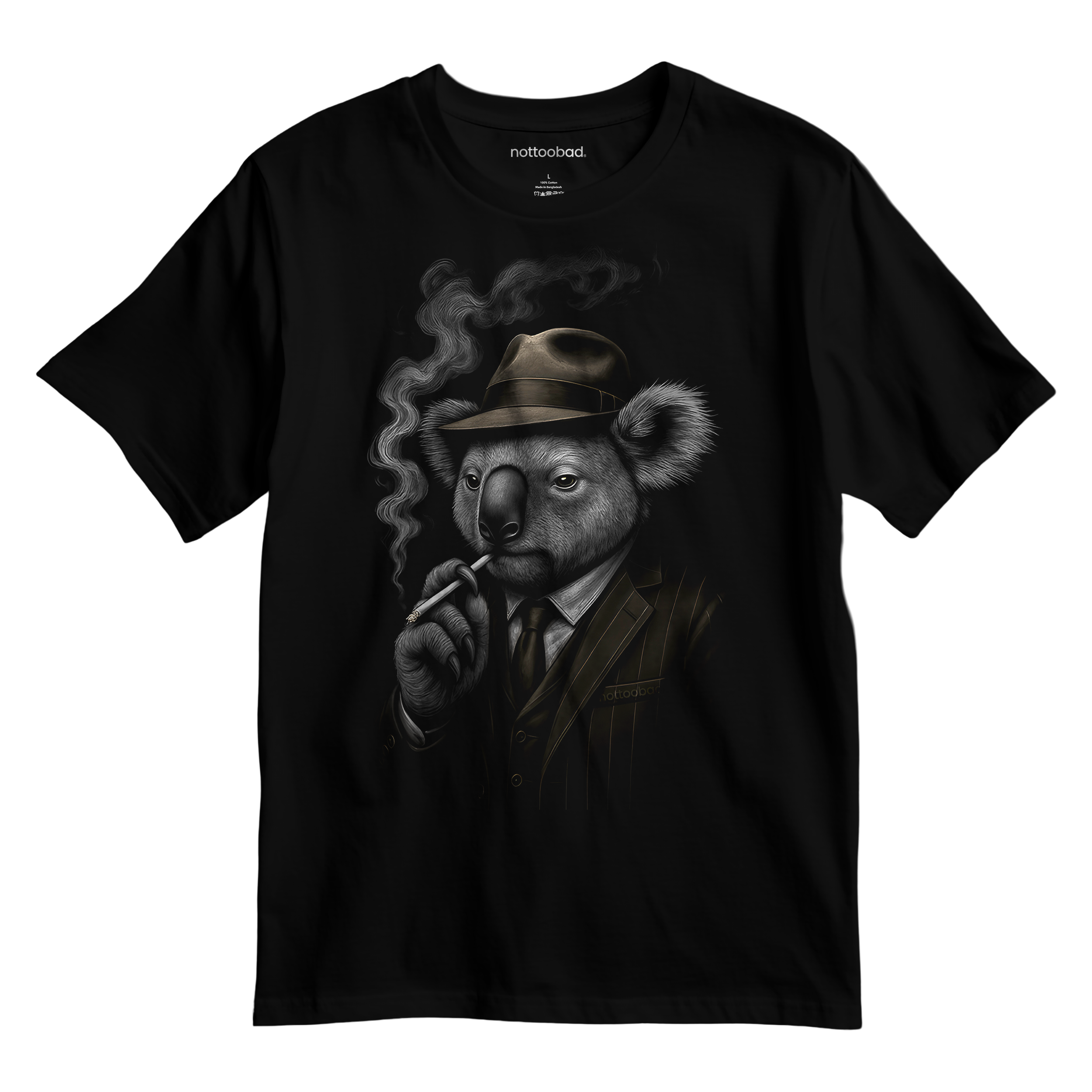 Black t-shirt with a koala bear graphic wearing a hat and smoking a cigarette gangster