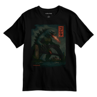 Black t-shirt with a graphic design of a Godzilla in Sydney