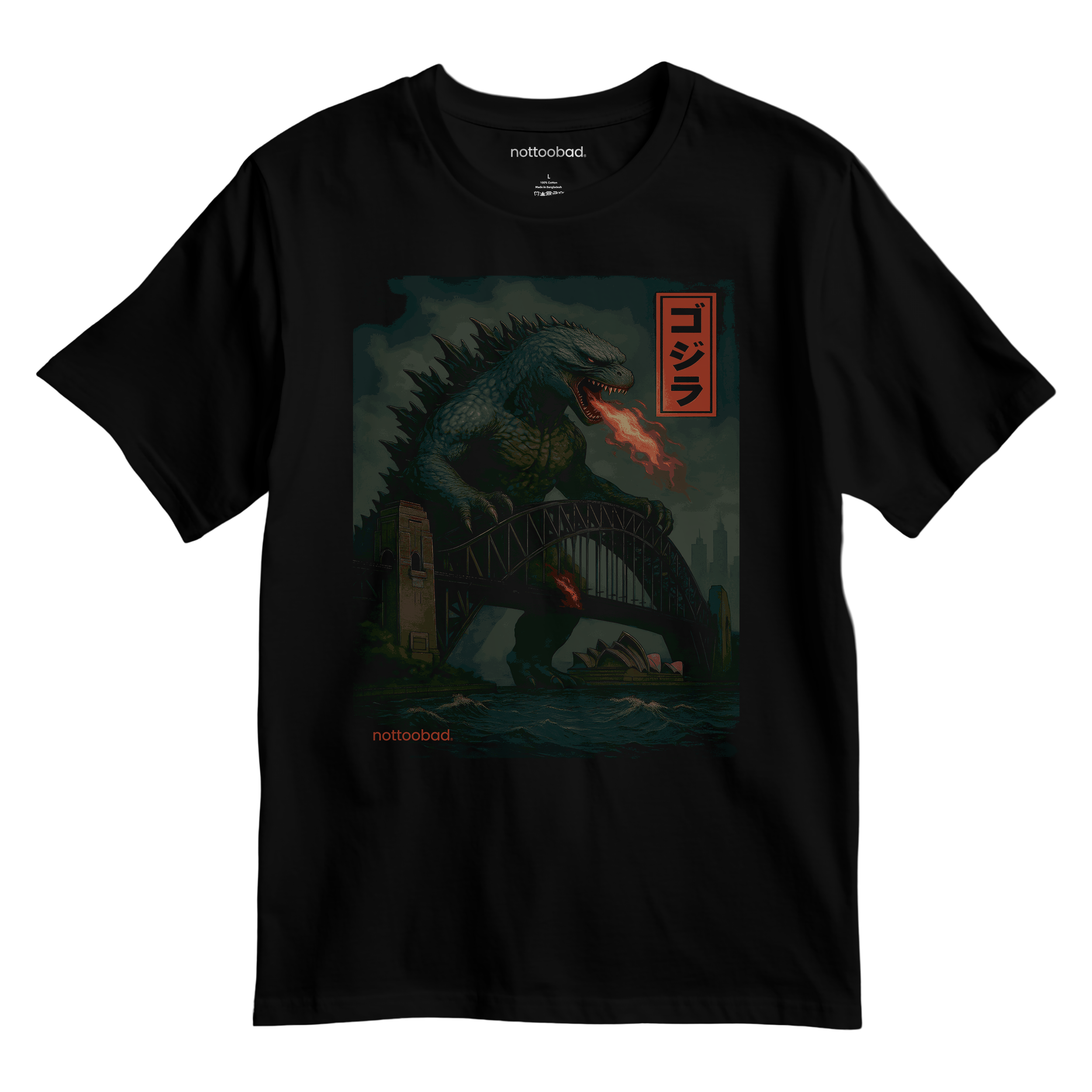 Black t-shirt with a graphic design of a Godzilla in Sydney