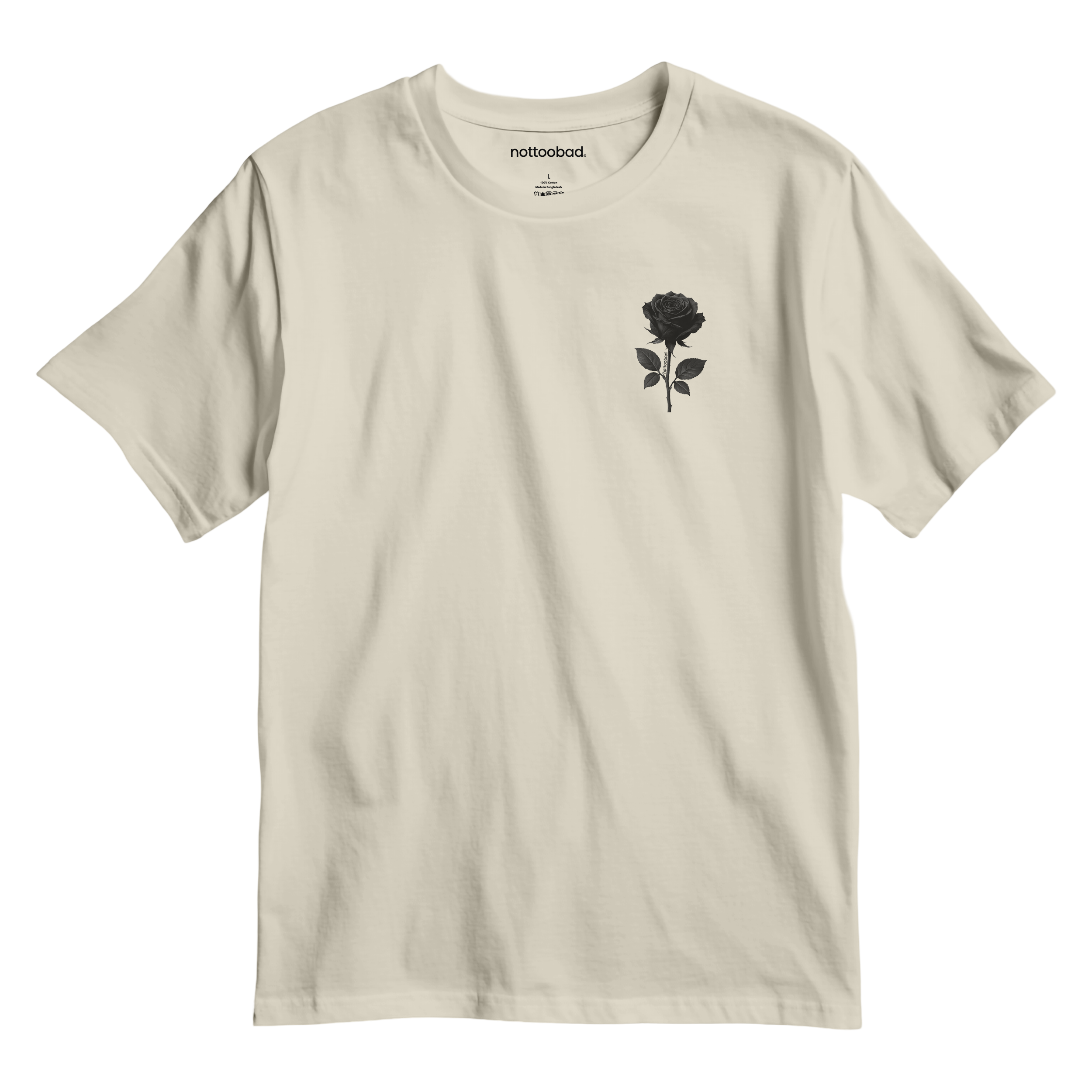 Natural t-shirt with a black rose graphic