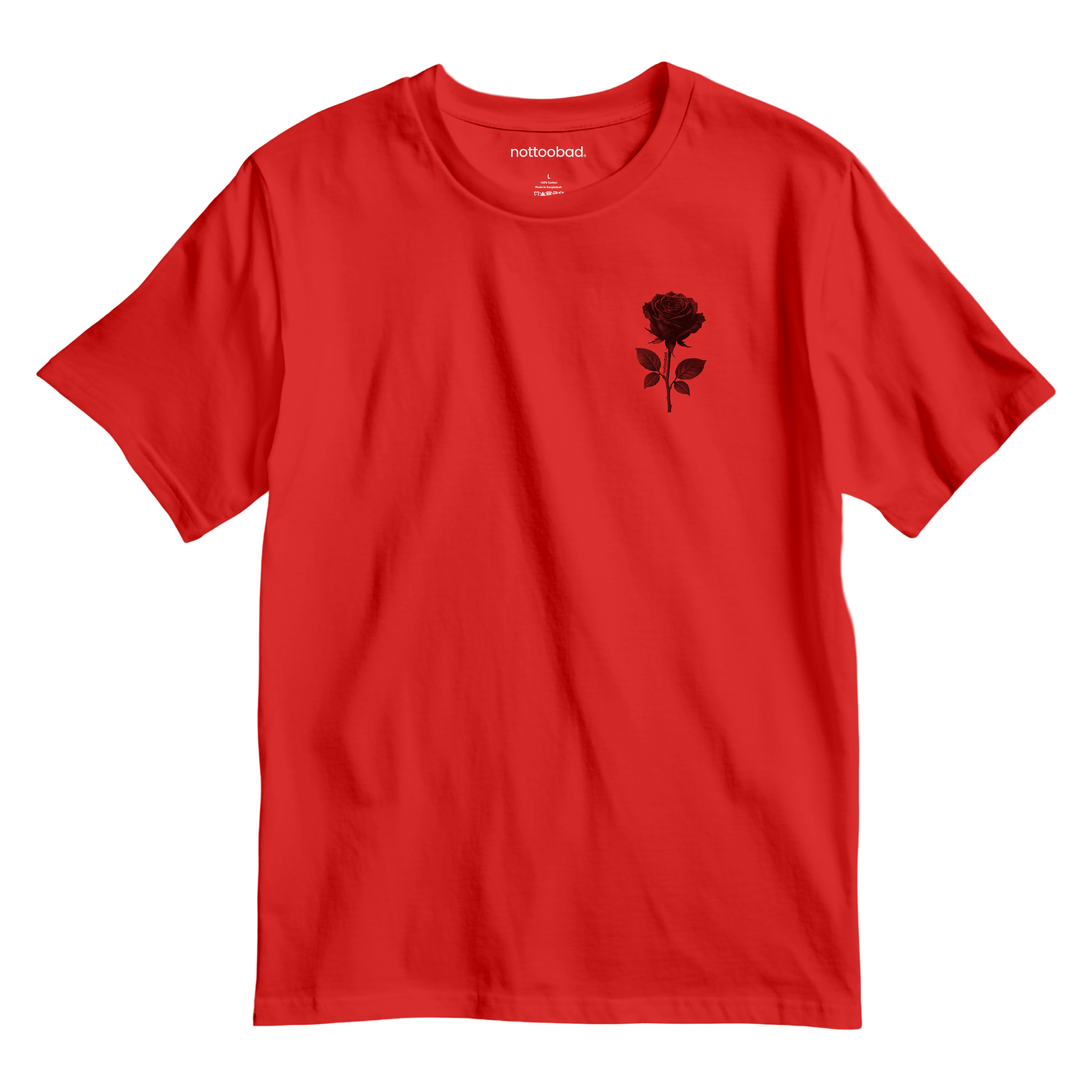 Red t-shirt with a black rose graphic
