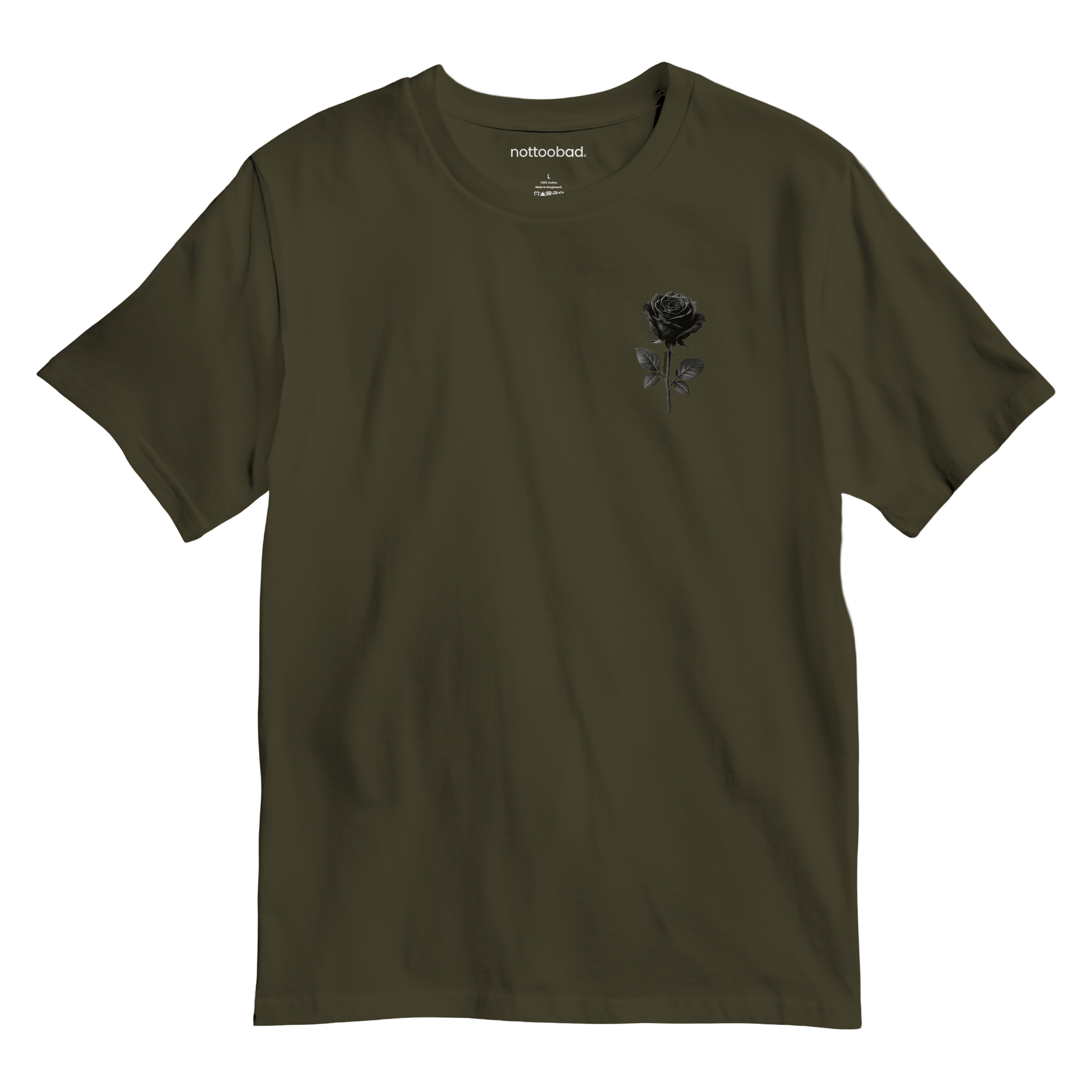 Army colour t-shirt with a black rose graphic