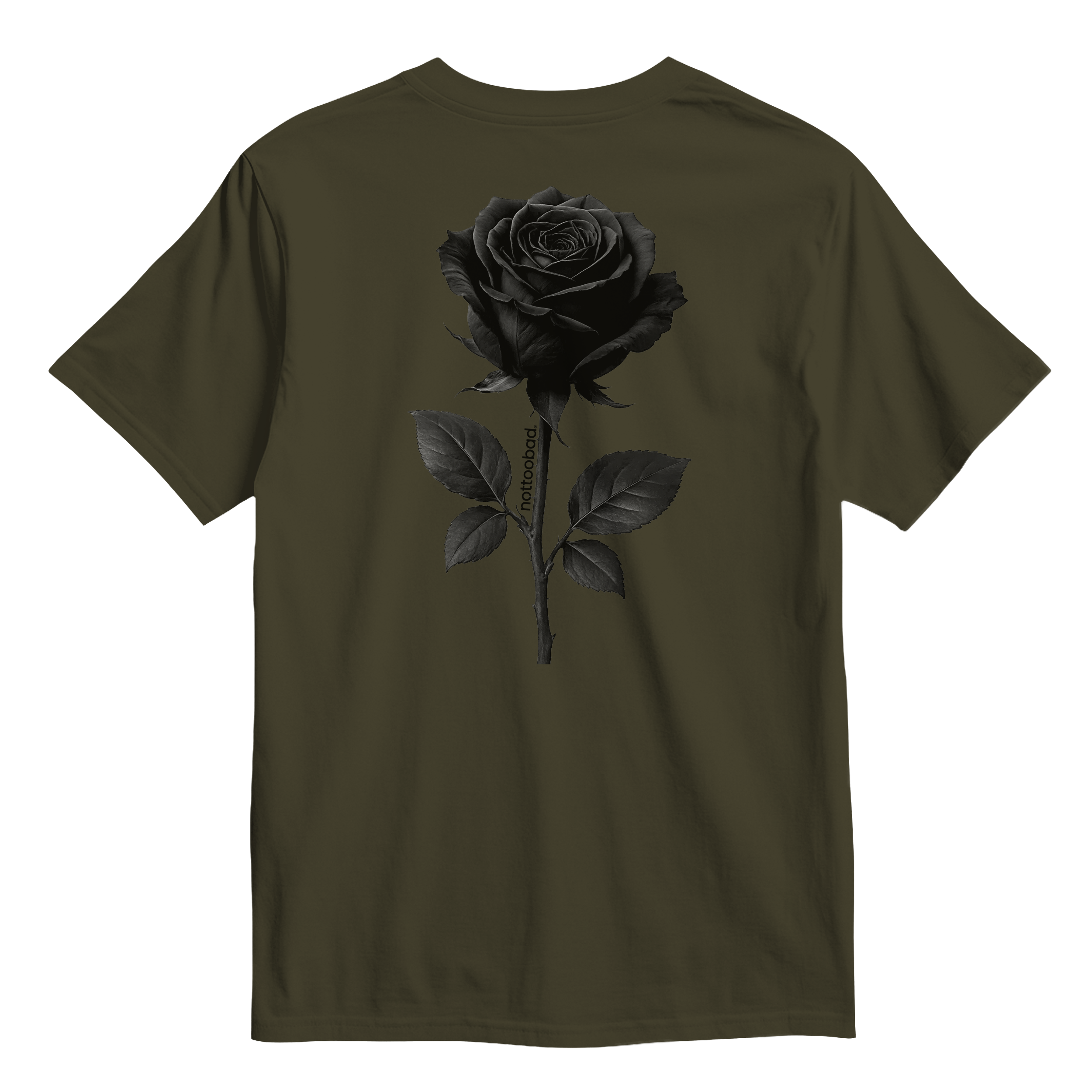 Army colour t-shirt with a black rose graphic