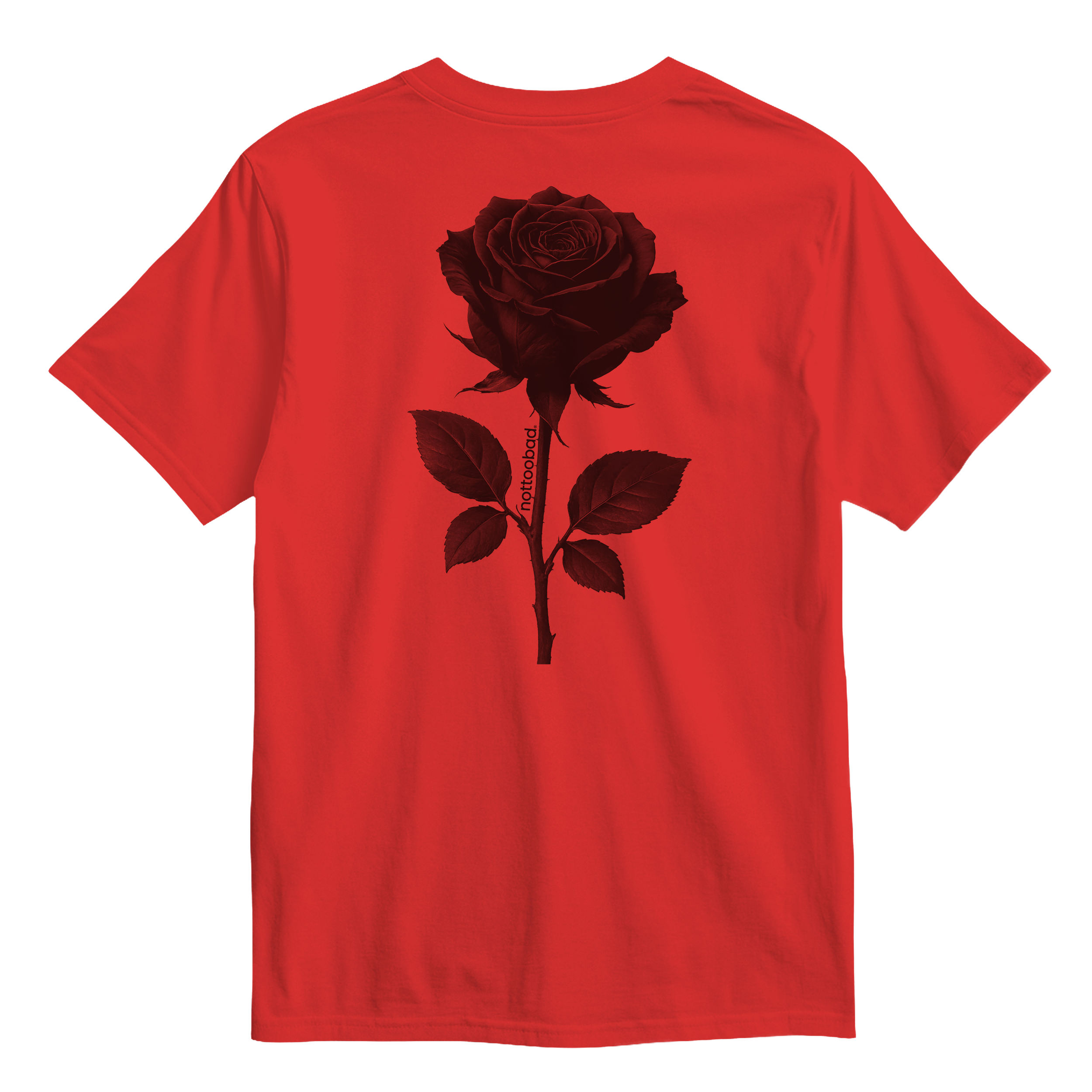 Red t-shirt with a black rose graphic