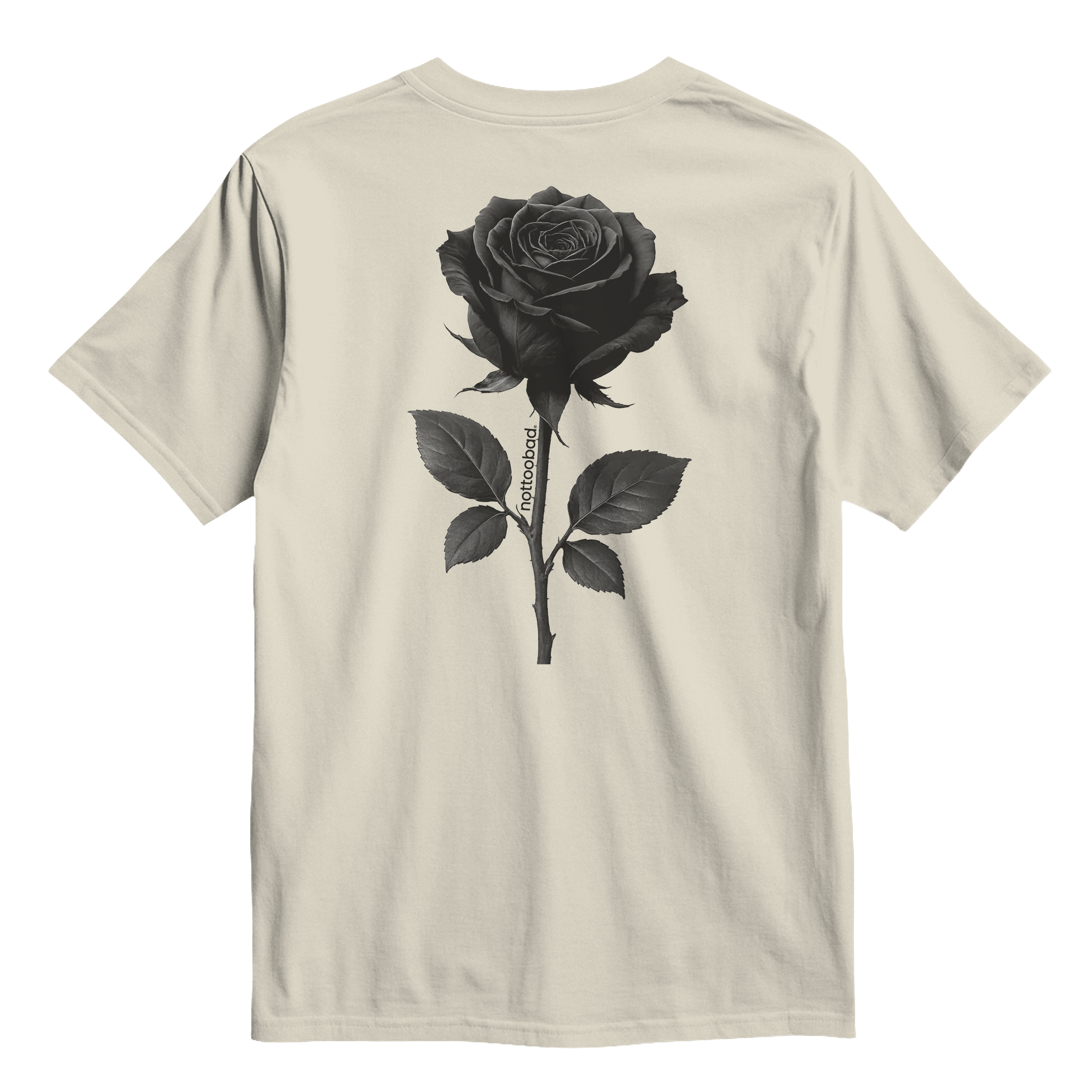 Natural t-shirt with a black rose graphic
