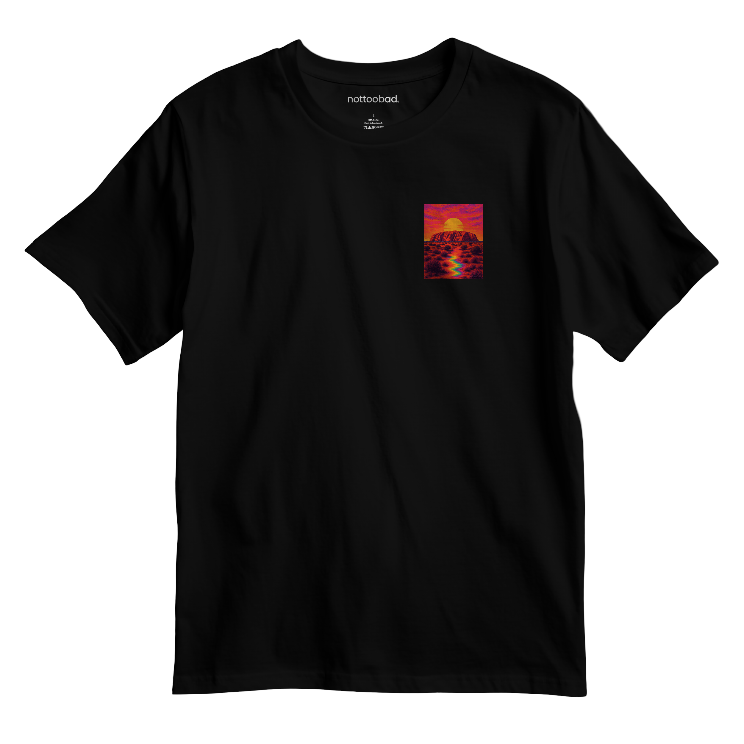Black t-shirt with a colorful sunset design of Uluru Sunset