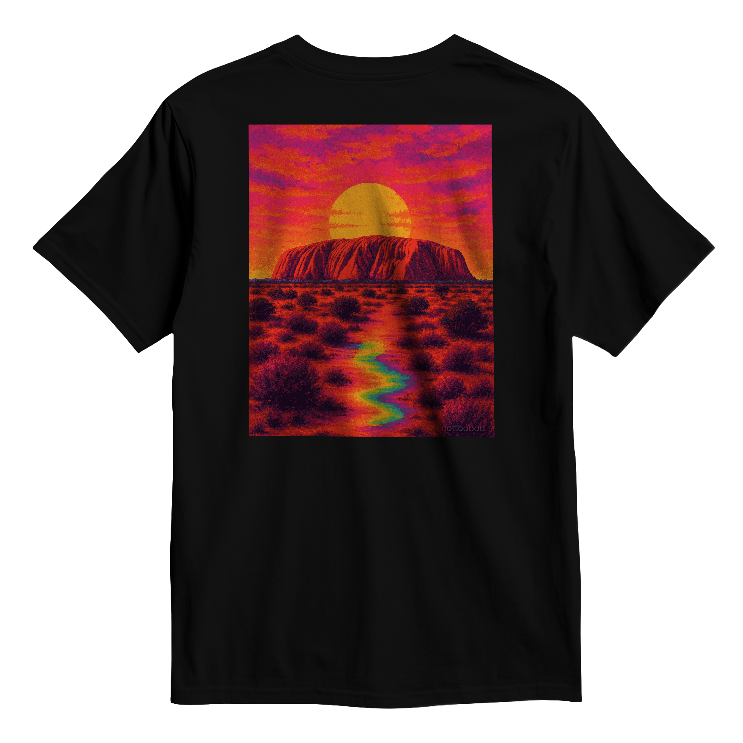 Black t-shirt with a colorful sunset design of Uluru Sunset