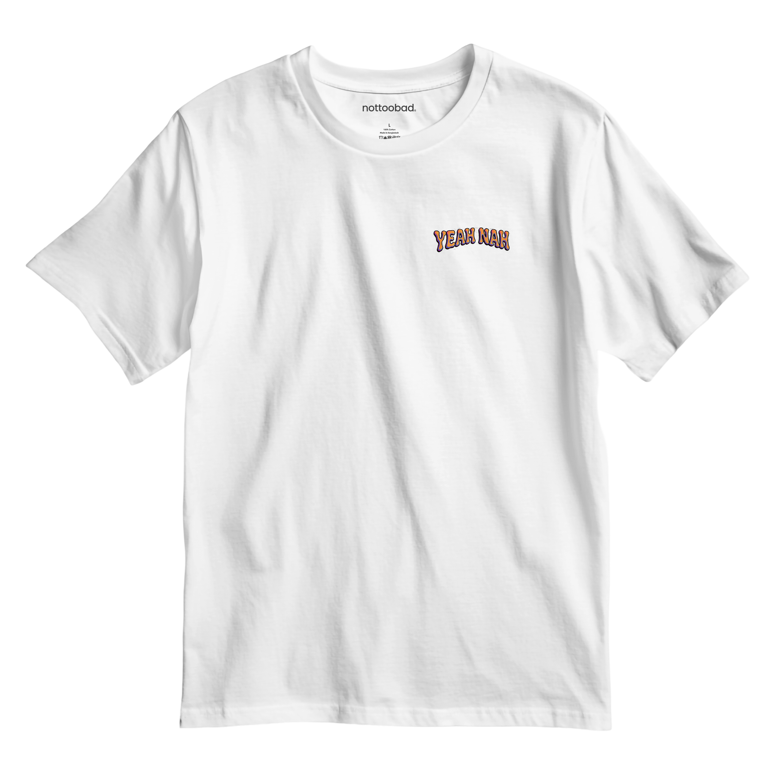 White t-shirt with a graphic of a tradie in a yellow shirt and cap, making a peace sign and holding a aussie pie, with 'Yeah Nah' funny say