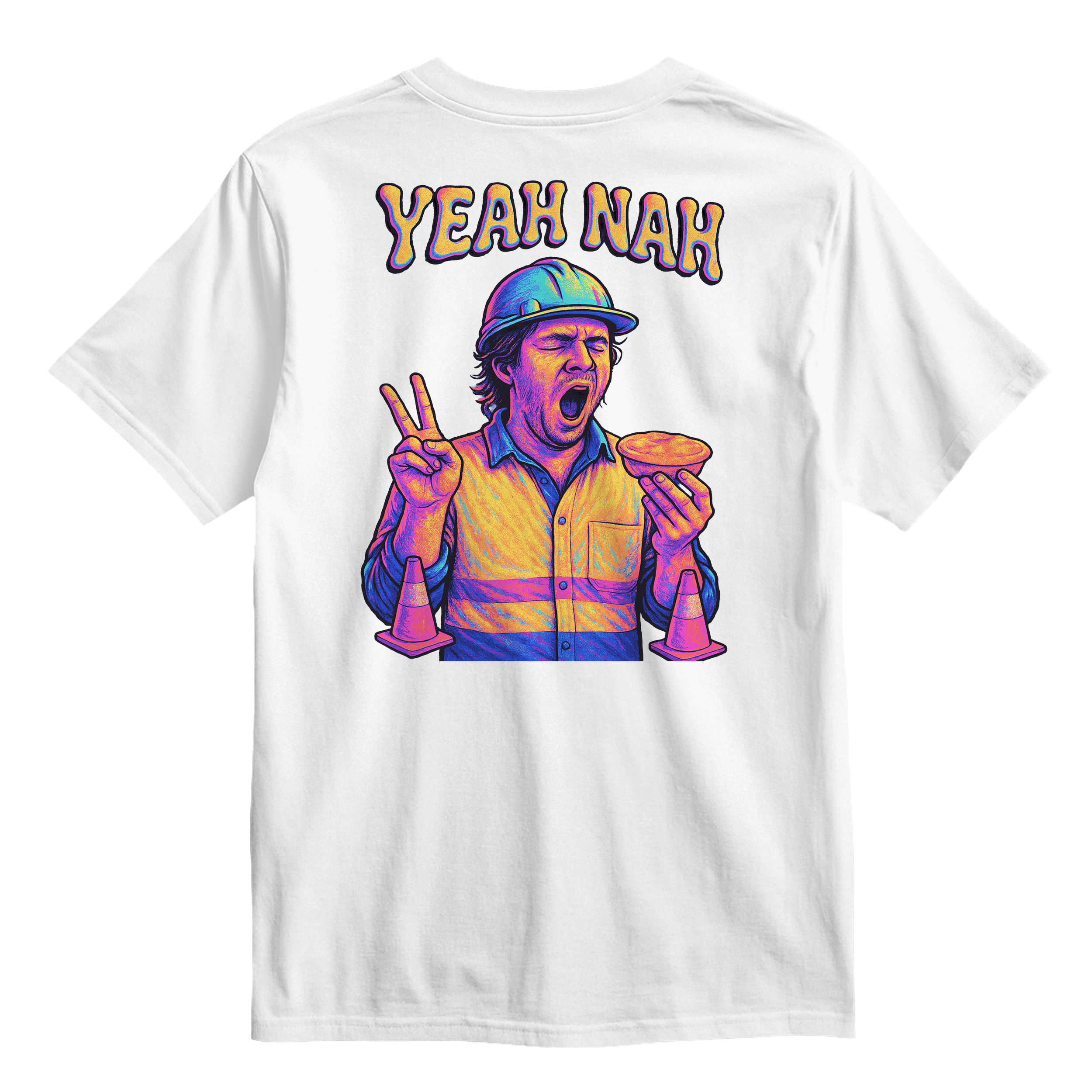 White t-shirt with a graphic of a tradie in a yellow shirt and cap, making a peace sign and holding a aussie pie, with 'Yeah Nah' funny say