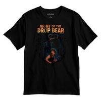 Black t-shirt with 'Night of the Drop Bear' graphic design