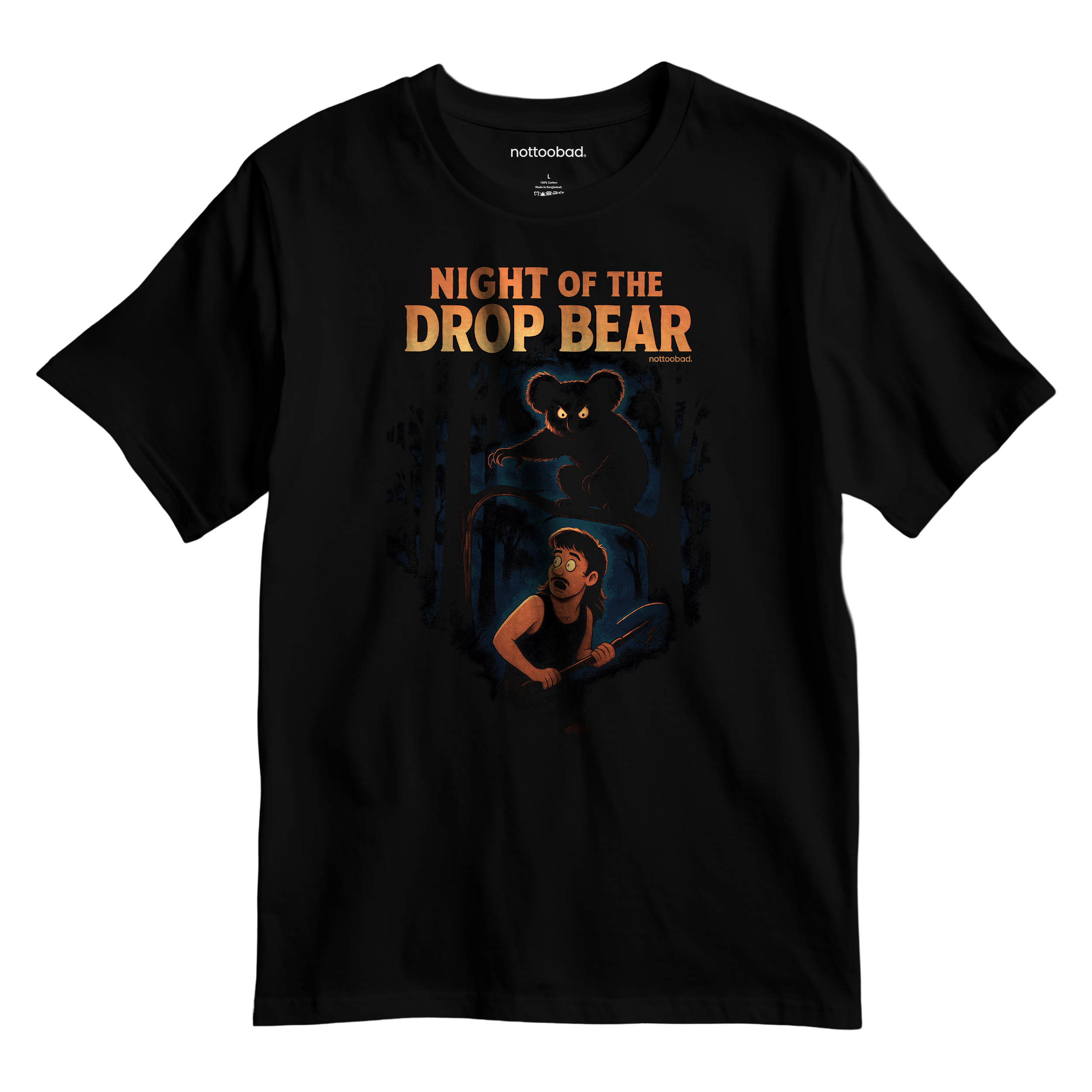 Black t-shirt with 'Night of the Drop Bear' graphic design