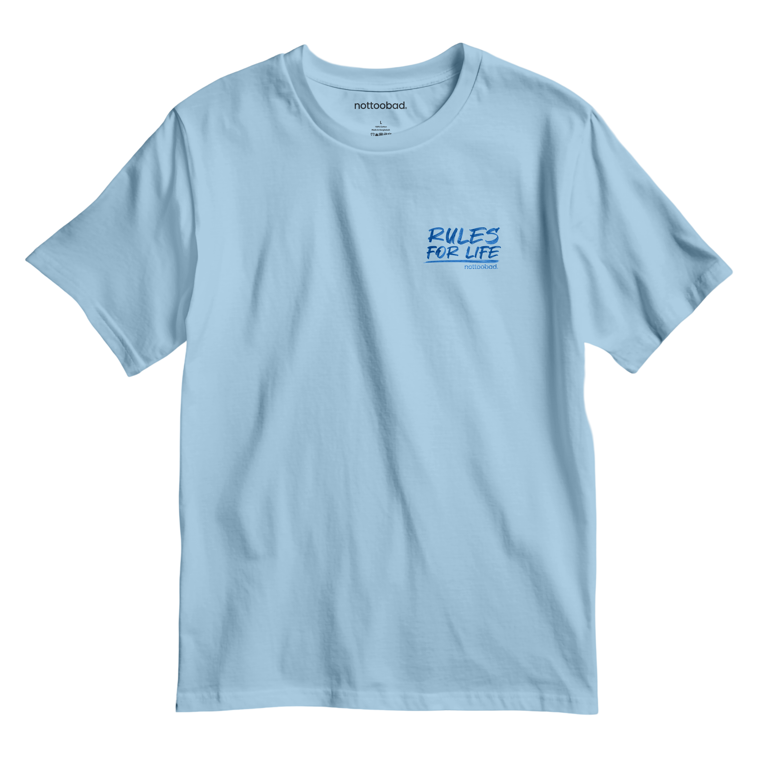 Light blue t-shirt with 'Rules for Life' not too bad