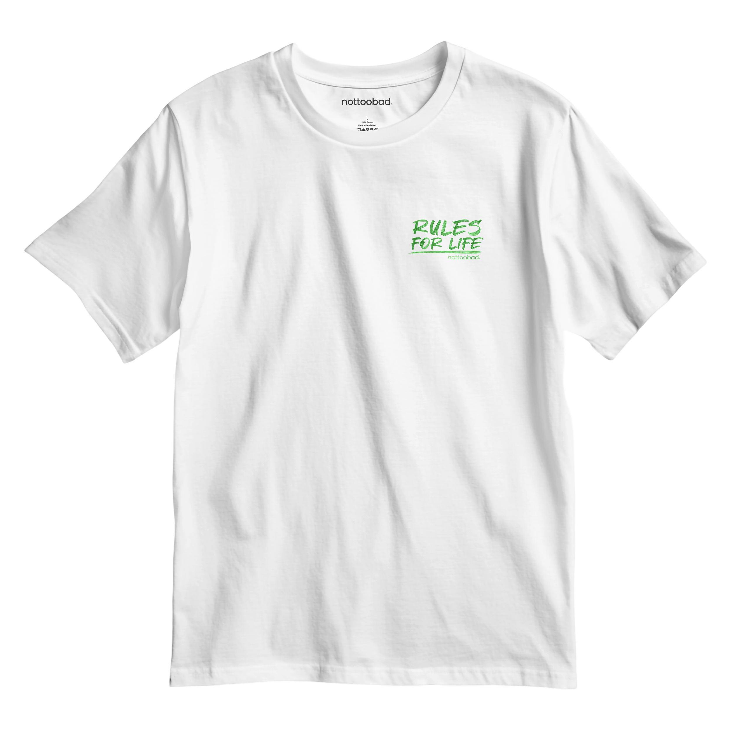 white t-shirt with 'Rules for Life' not too bad